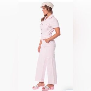 Juicy Couture baby pink denim look short‎ sleeve jumpsuit size XS new